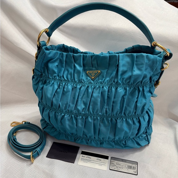 Prada Nylon Turquoise Handbag in Exceptional Condition with Leather/Gold Trim